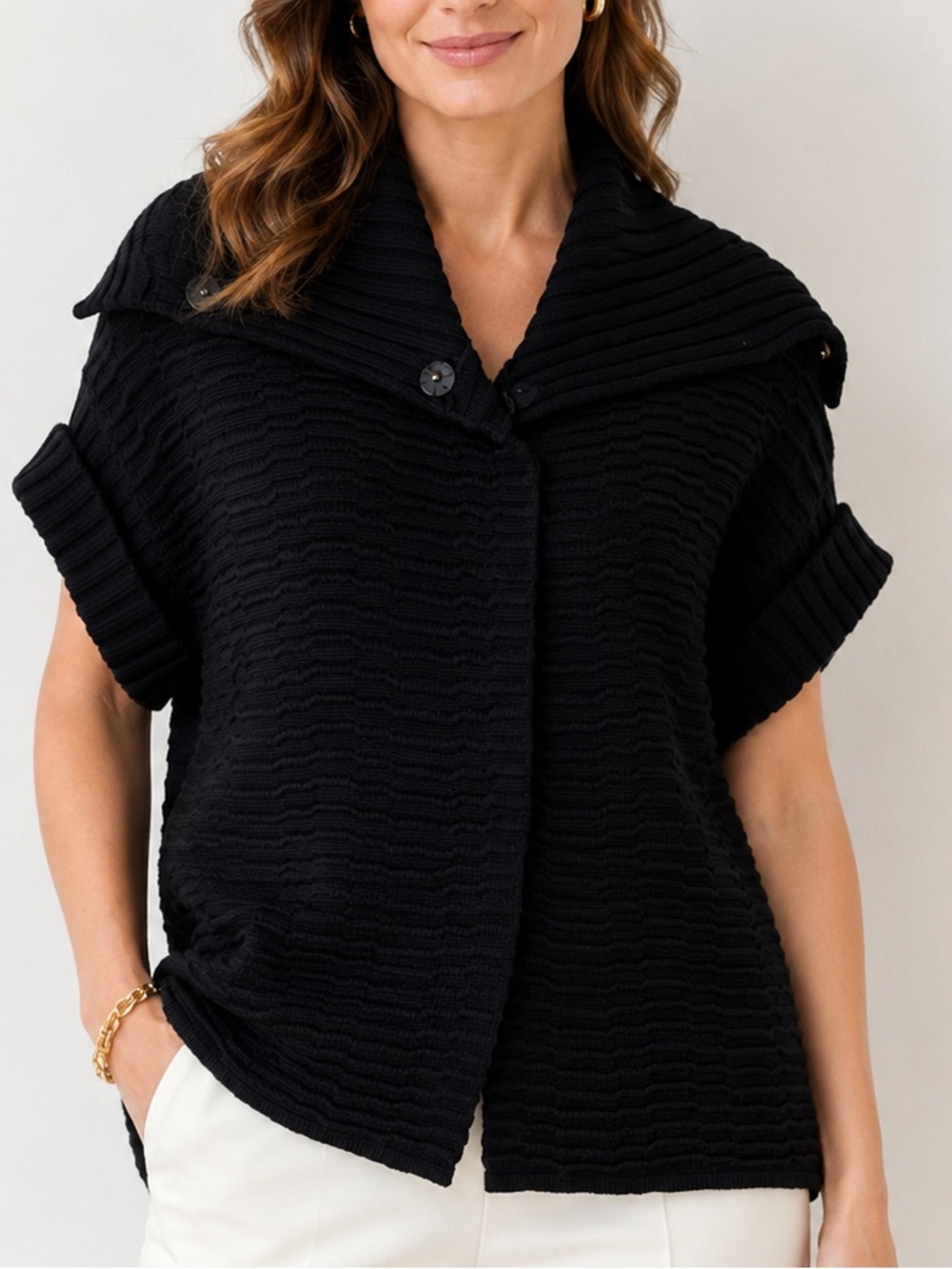 Lafayette 148 New York Black Wool Knit Short Sleeve Cardigan Sweater L